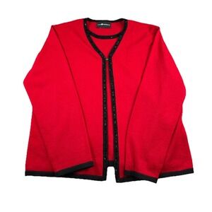 Women's Red Black Trim Scoop Neck Long Sleeve Twin Set Cardigan Sweater L